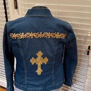 Custom Denim Jacket Gold Cross Embroidery